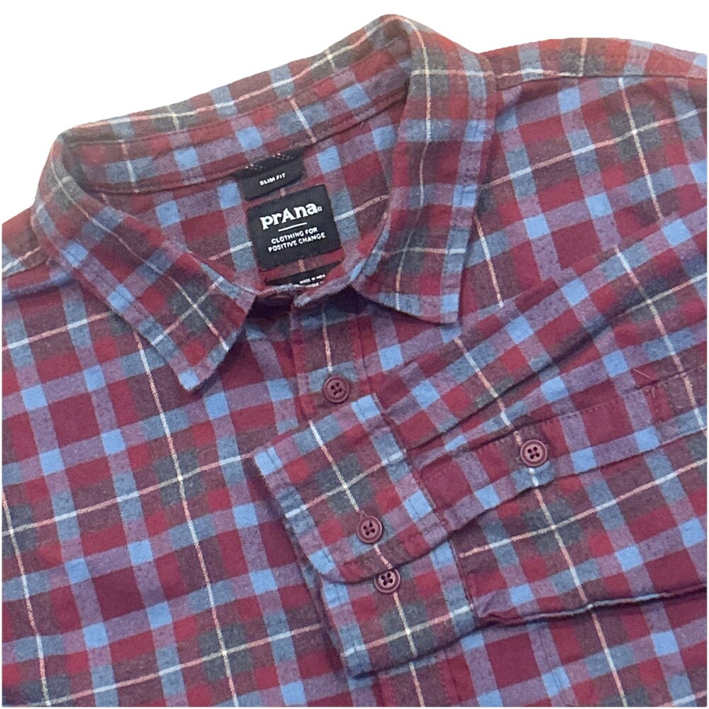 prAna Flannel Shirt Men's M Slim Fit Organic Cotton Long Sleeve Red Gray Plaid